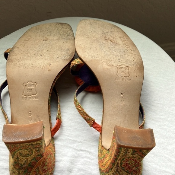 Zalo: Yellow/Orange heeled, paisley sandals- sunburst on top of sandals- 6 - Picture 11 of 16